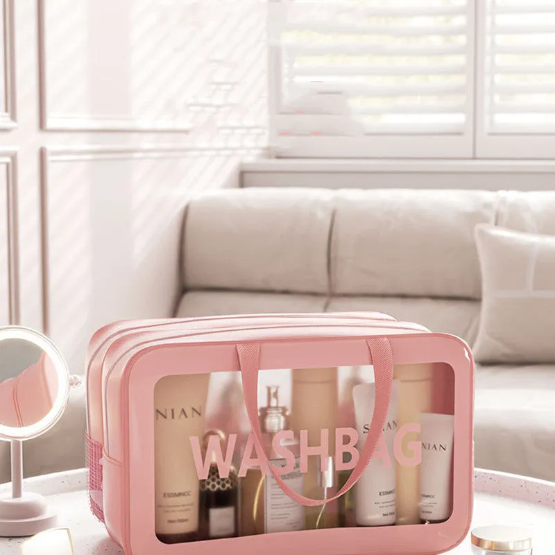 Portable dry wet separation washing and makeup bag in PU PVC with large capacity, available in black medium size.