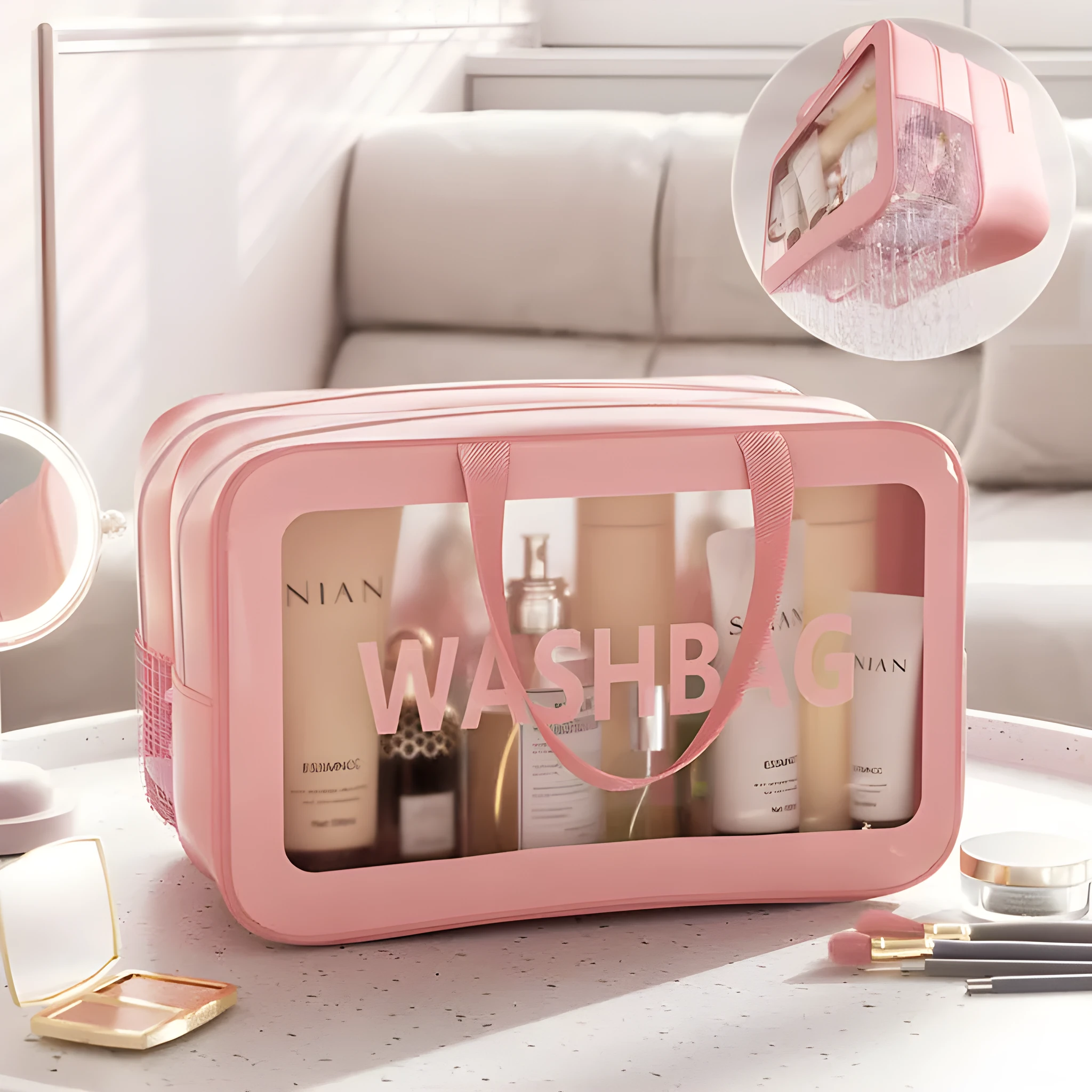 Portable dry wet separation washing and makeup bag in PU PVC with large capacity, available in black medium size.