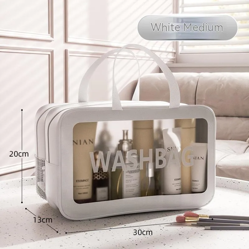Portable dry wet separation washing and makeup bag in PU PVC with large capacity, available in black medium size.
