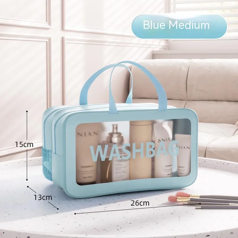 Portable dry wet separation washing and makeup bag in PU PVC with large capacity, available in black medium size.