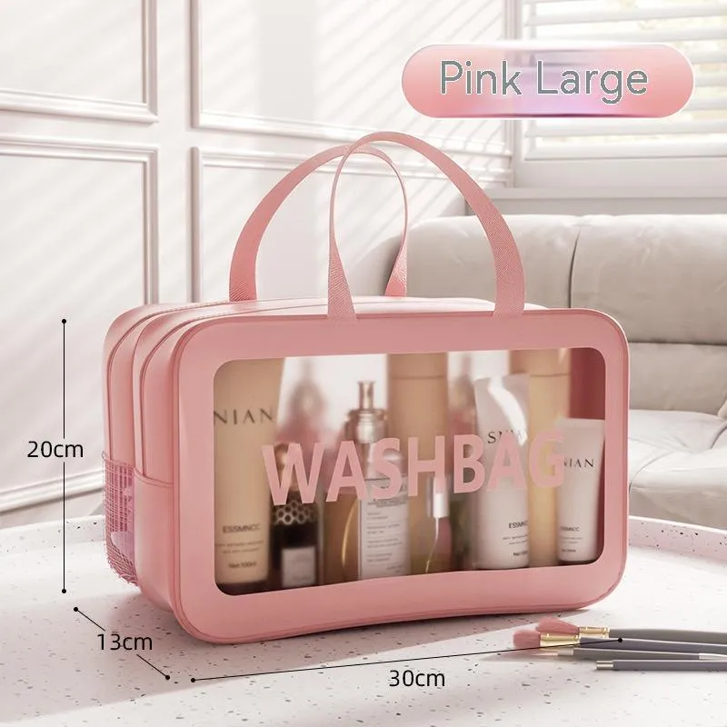 Portable dry wet separation washing and makeup bag in PU PVC with large capacity, available in black medium size.