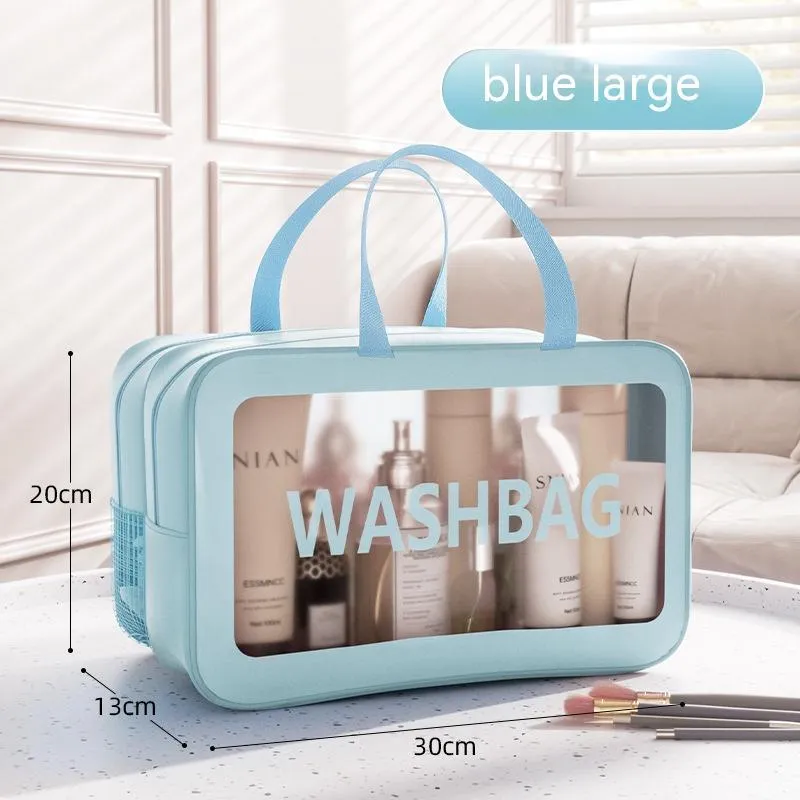 Portable dry wet separation washing and makeup bag in PU PVC with large capacity, available in black medium size.