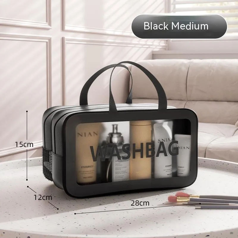 Portable dry wet separation washing and makeup bag in PU PVC with large capacity, available in black medium size.