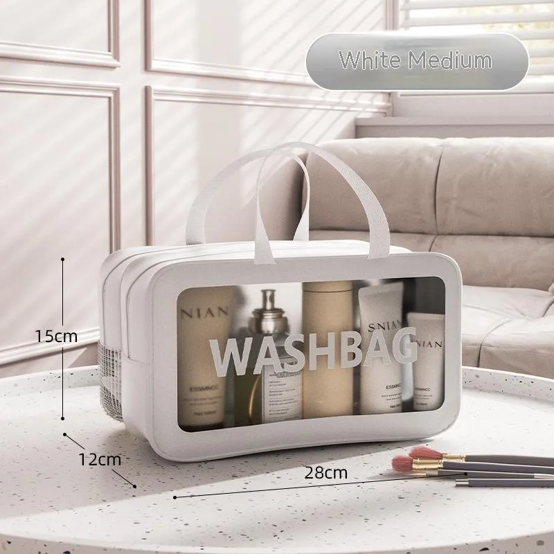 Portable dry wet separation washing and makeup bag in PU PVC with large capacity, available in black medium size.