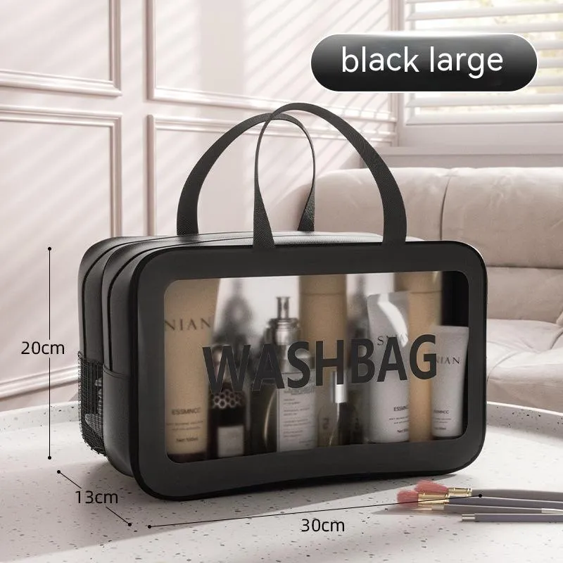 Portable dry wet separation washing and makeup bag in PU PVC with large capacity, available in black medium size.