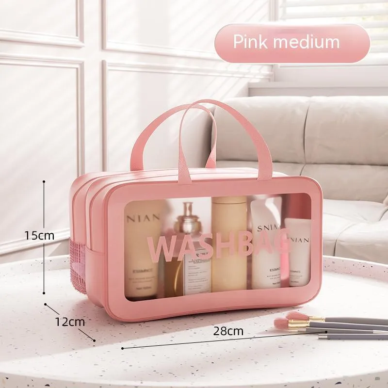 Portable dry wet separation washing and makeup bag in PU PVC with large capacity, available in black medium size.