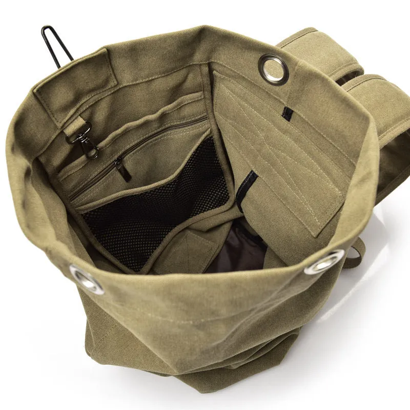 Canvas outdoor climbing backpack in khaki large size with double shoulder straps and car-suture detailing