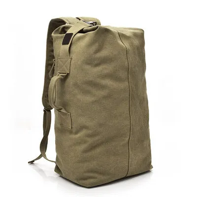 Canvas outdoor climbing backpack in khaki large size with double shoulder straps and car-suture detailing