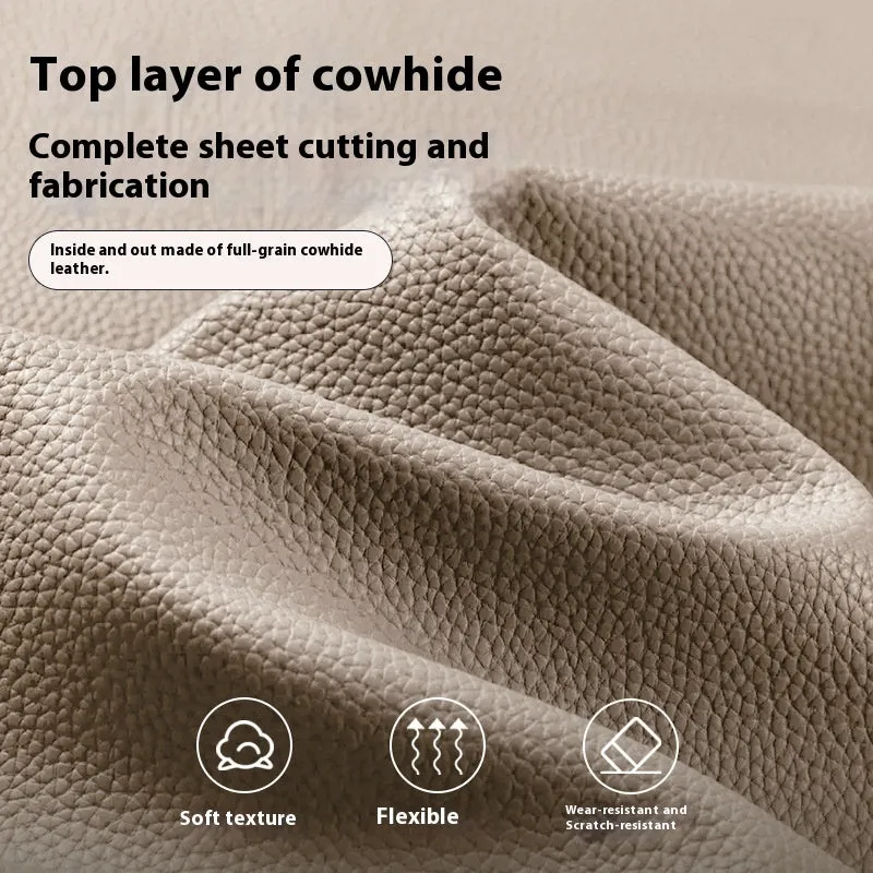 Self-closing first layer cowhide long wallet in solid colour with genuine leather finish