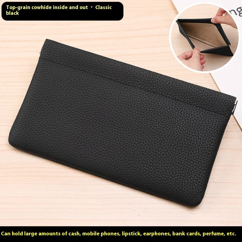 Self-closing first layer cowhide long wallet in solid colour with genuine leather finish