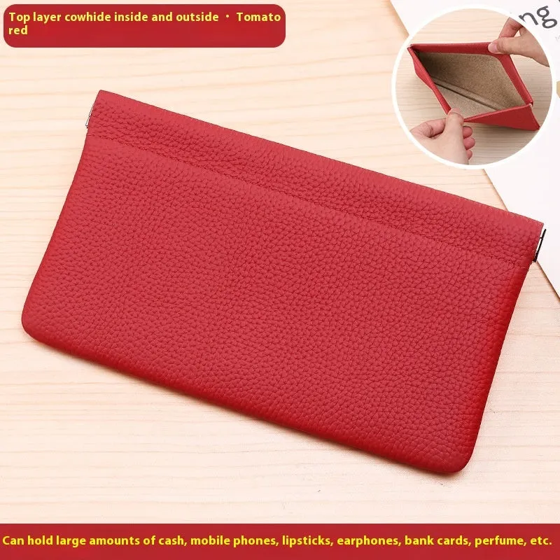 Self-closing first layer cowhide long wallet in solid colour with genuine leather finish