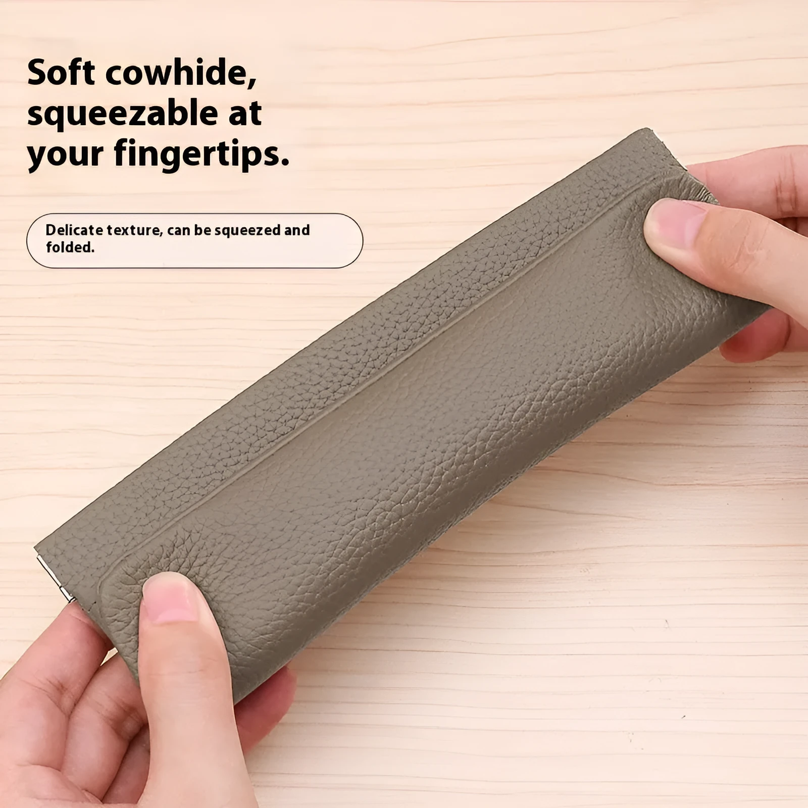 Self-closing first layer cowhide long wallet in solid colour with genuine leather finish