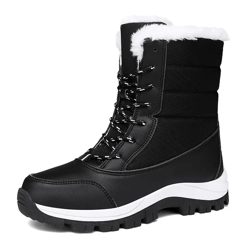 Women's fleece lined padded winter snow boots in black with rubber sole and front lace-up