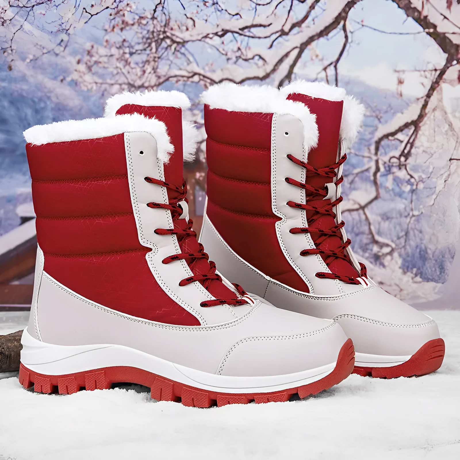 Women's fleece lined padded winter snow boots in black with rubber sole and front lace-up