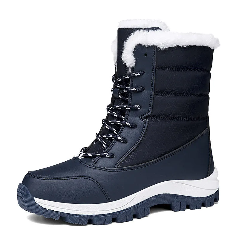 Women's fleece lined padded winter snow boots in black with rubber sole and front lace-up