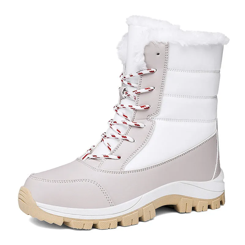Women's fleece lined padded winter snow boots in black with rubber sole and front lace-up