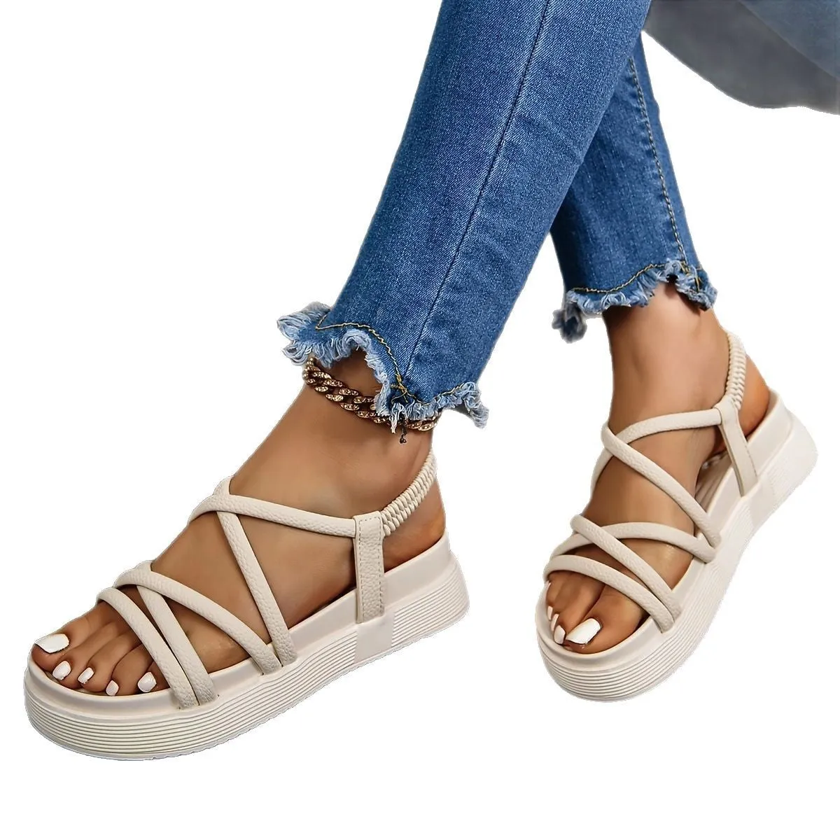 Women's all-match platform non-slip casual sandals in black with PU upper and TPR sole