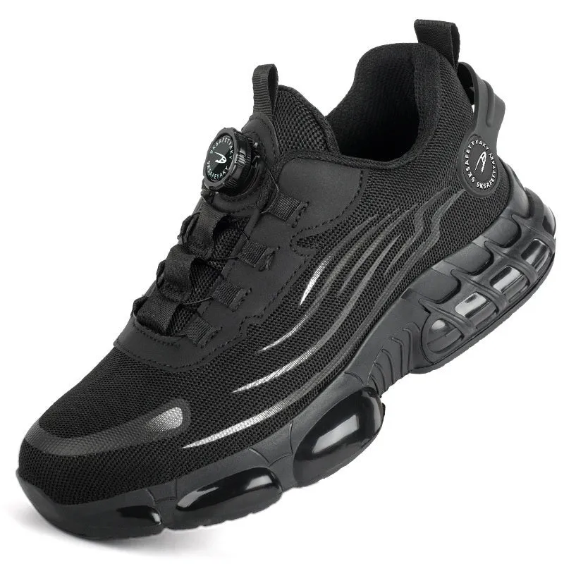 Anti-smash anti-puncture TPU Flyknit mesh work shoes in black and grey, Knob series safety footwear