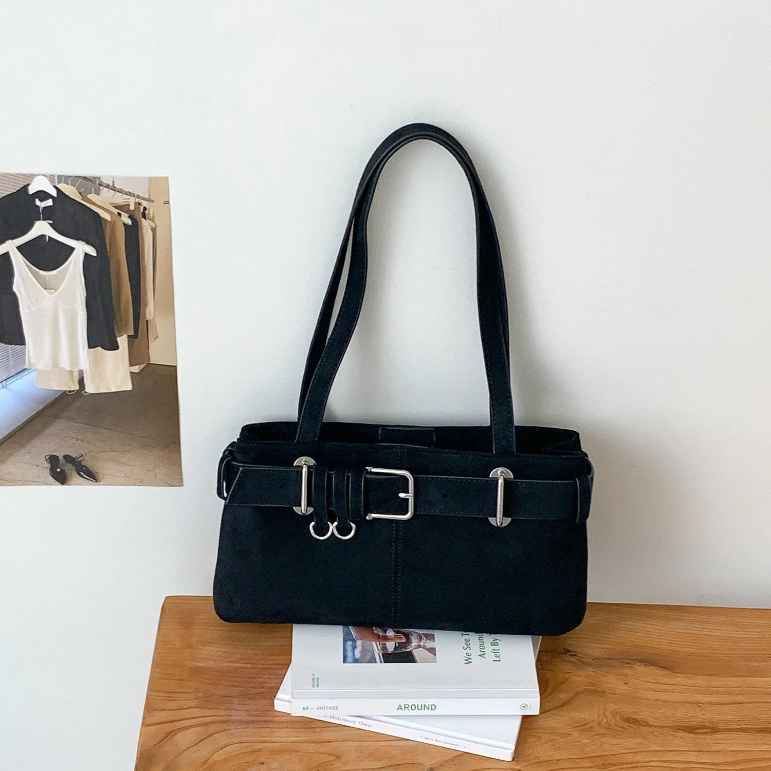 Retro minority design underarm bag in apricot colour with horizontal square shape and double shoulder straps.