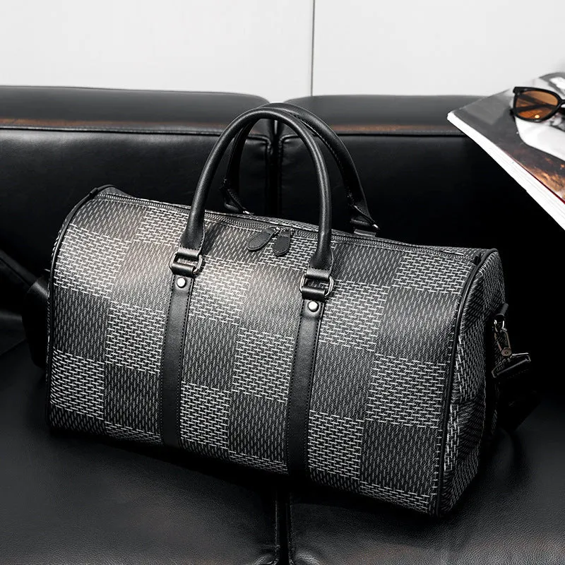 PU leather crossbody bag with sewing thread detail and plaid pattern for 20-35L travel