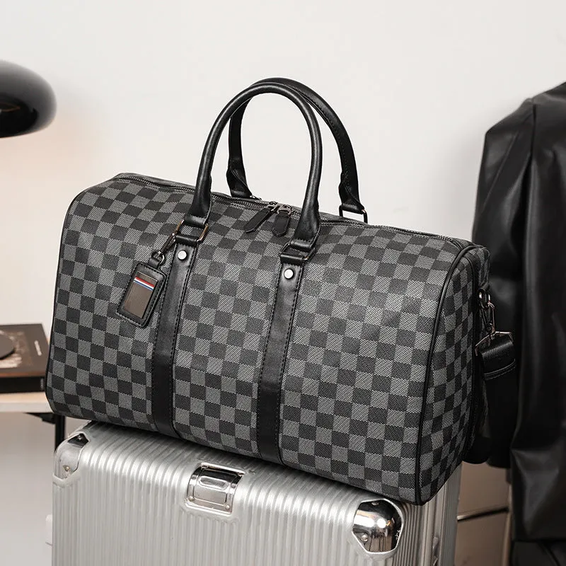 PU leather crossbody bag with sewing thread detail and plaid pattern for 20-35L travel