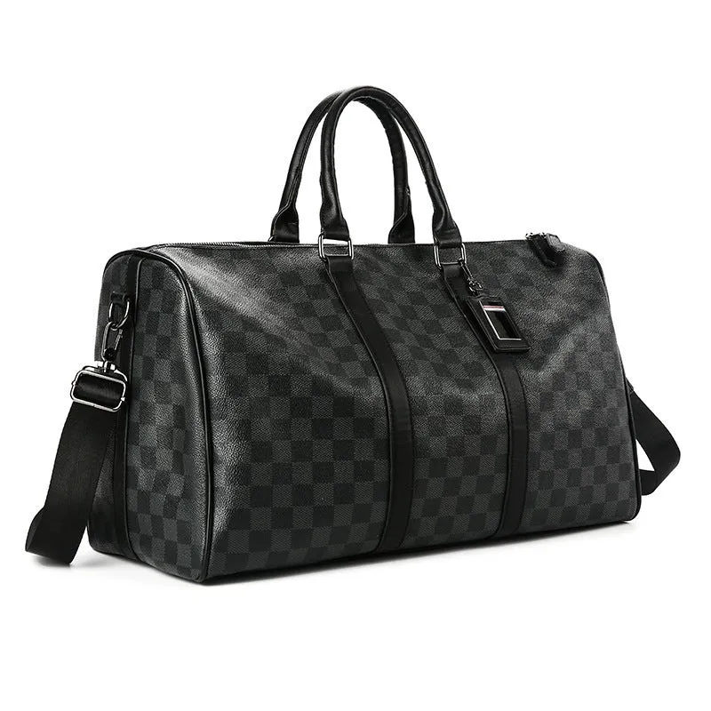 PU leather crossbody bag with sewing thread detail and plaid pattern for 20-35L travel