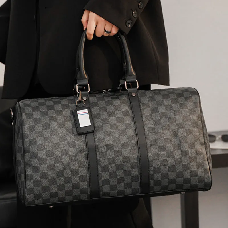 PU leather crossbody bag with sewing thread detail and plaid pattern for 20-35L travel