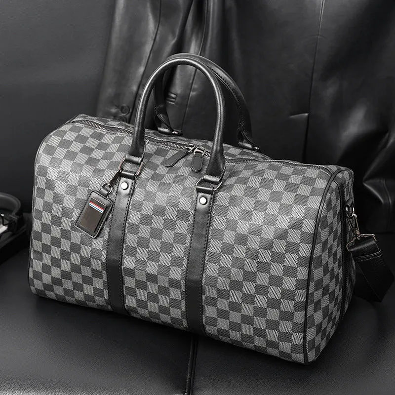PU leather crossbody bag with sewing thread detail and plaid pattern for 20-35L travel