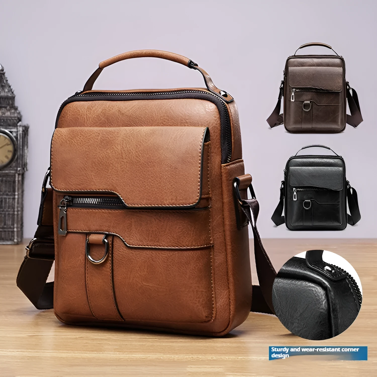 Men's one shoulder retro business crossbody bag in waterproof PU leather, solid colour, with tablet carrying option