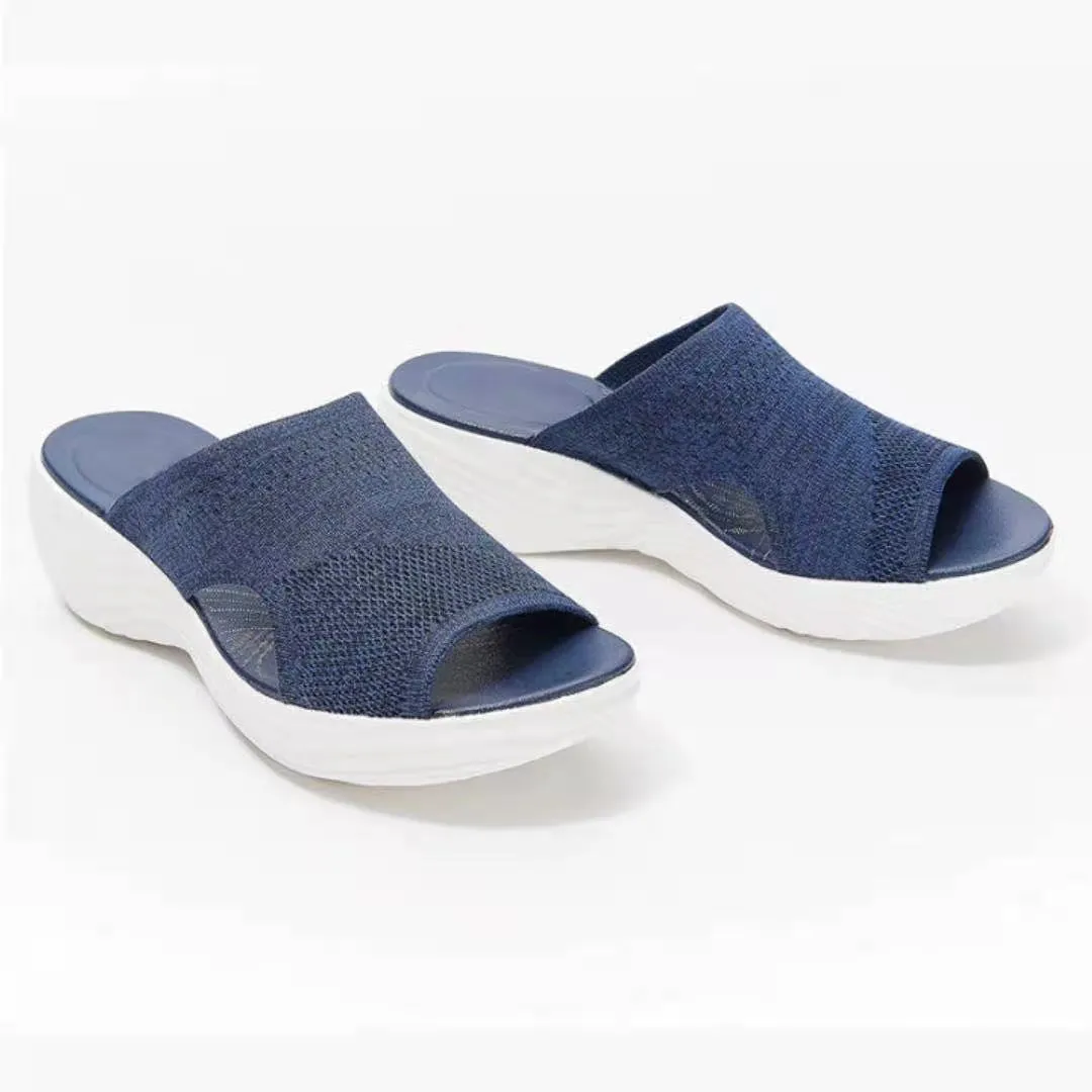 Women's lightweight woven mesh flat beach sandals in blue with open toe