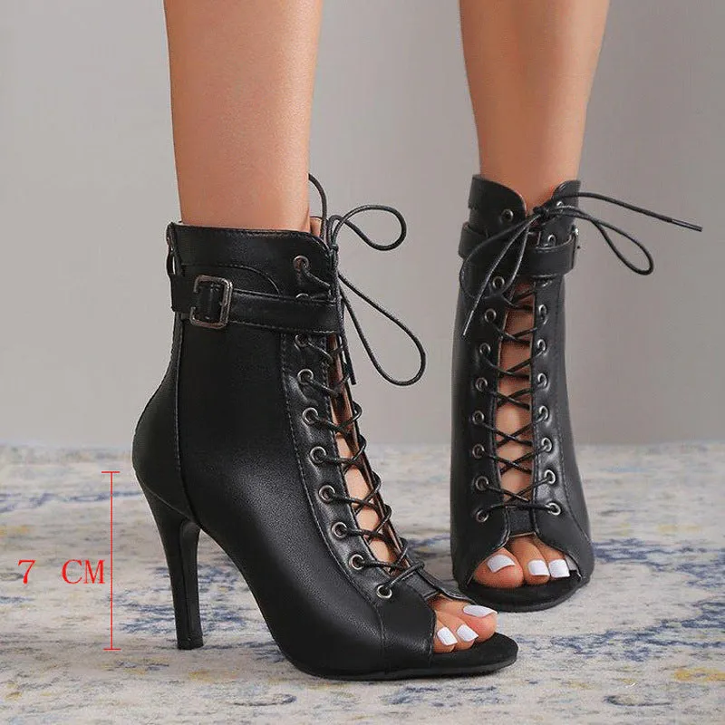 Women's black PU leather peep toe Roman sandals with fish-mouth toe bracket, 7cm or 10cm high heel, sizes 35-43