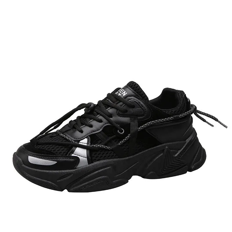 Men's white Korean-style platform dad shoes with thick sole and lace-up front on a plain background