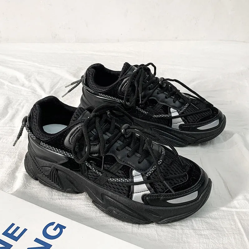 Men's white Korean-style platform dad shoes with thick sole and lace-up front on a plain background
