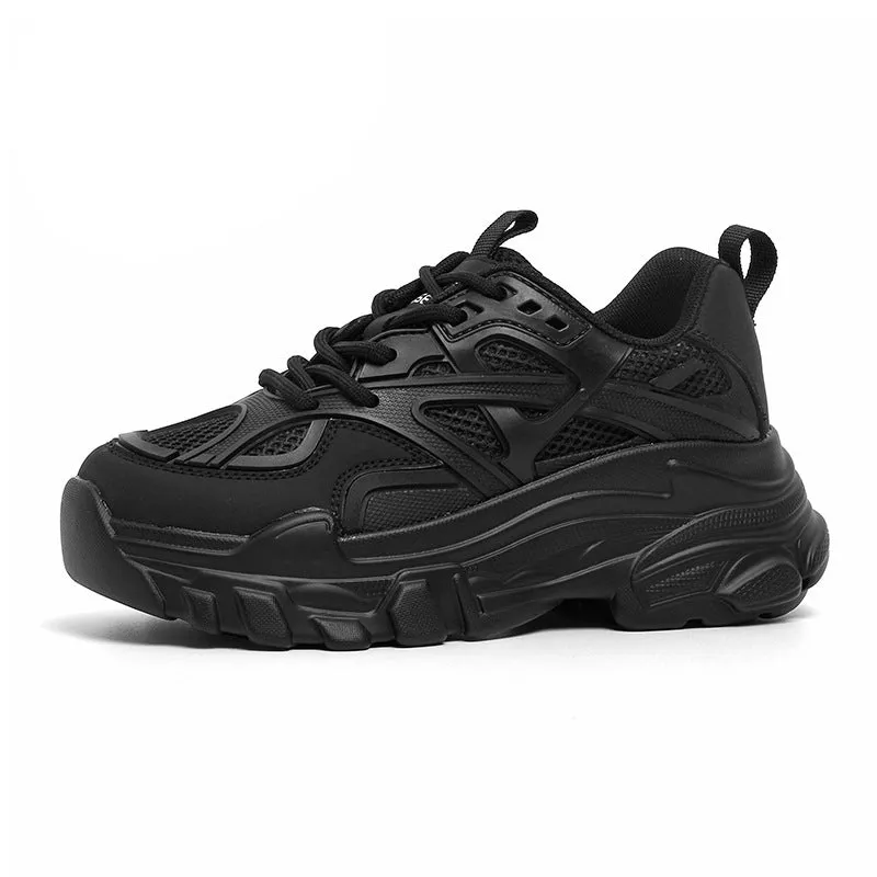 Women's thick bottom sports elevator shoes in black and beige with 6-8CM heel and cloth lining