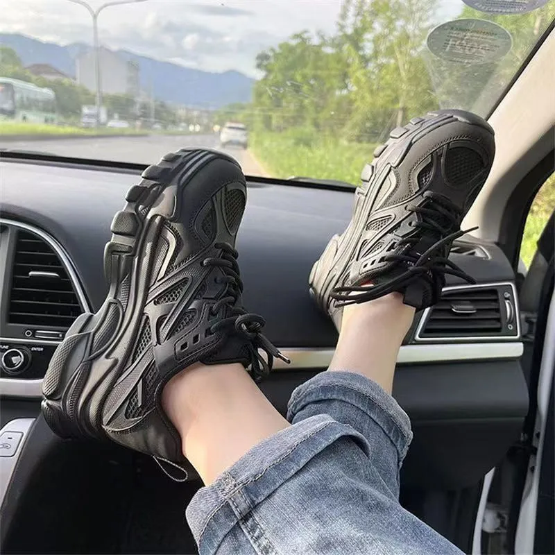 Women's thick bottom sports elevator shoes in black and beige with 6-8CM heel and cloth lining