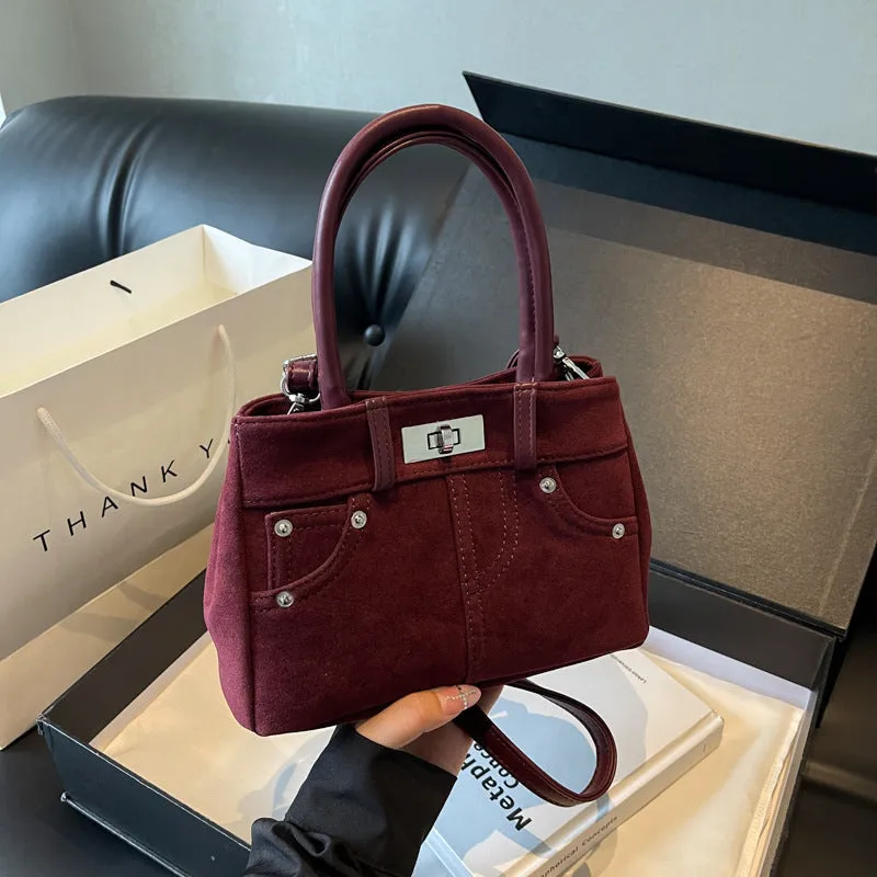 Women's retro PU leather messenger bag bucket shape with sewing thread detail single shoulder strap