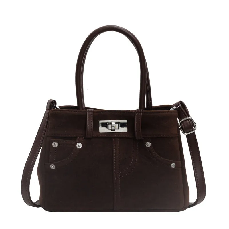 Women's retro PU leather messenger bag bucket shape with sewing thread detail single shoulder strap