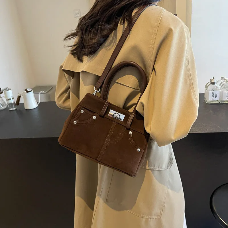 Women's retro PU leather messenger bag bucket shape with sewing thread detail single shoulder strap
