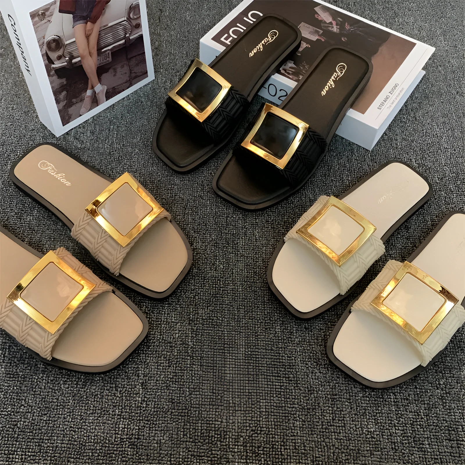 Women's casual flat summer slippers with PVC soles in apricot, black and khaki colour options