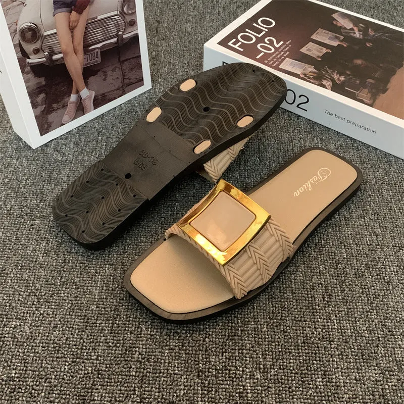 Women's casual flat summer slippers with PVC soles in apricot, black and khaki colour options