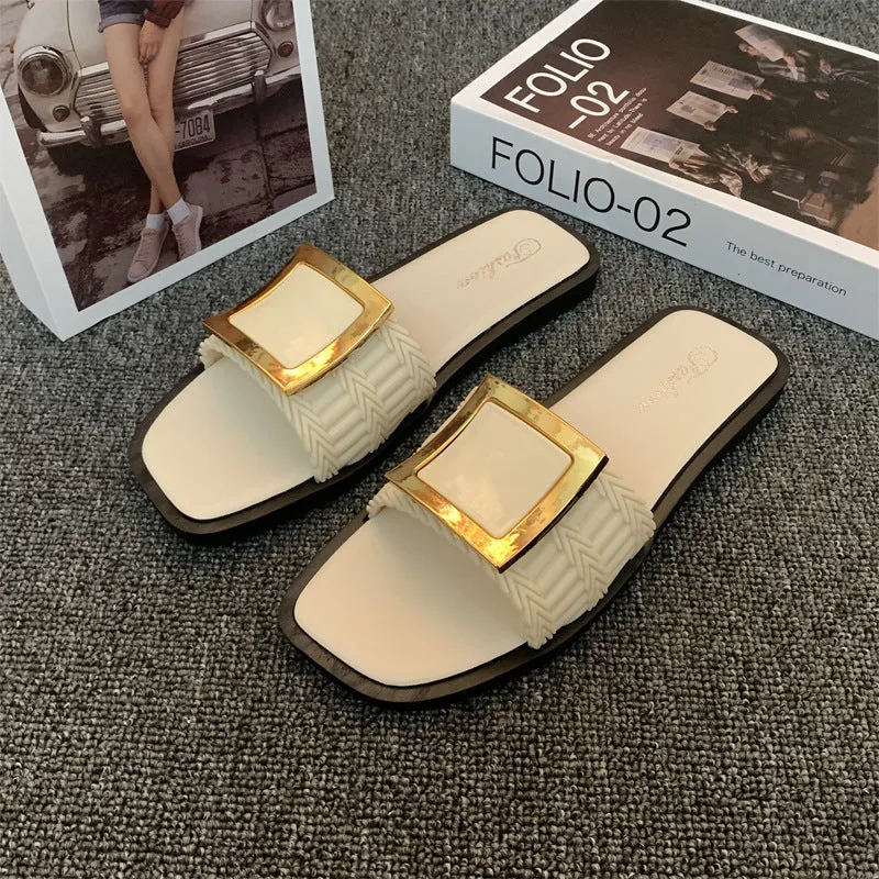 Women's casual flat summer slippers with PVC soles in apricot, black and khaki colour options