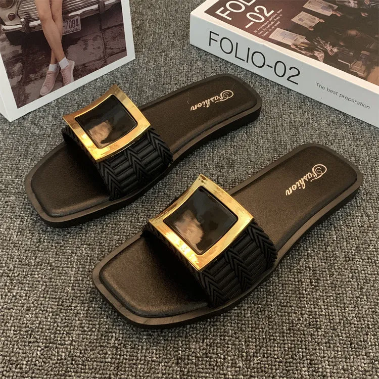 Women's casual flat summer slippers with PVC soles in apricot, black and khaki colour options