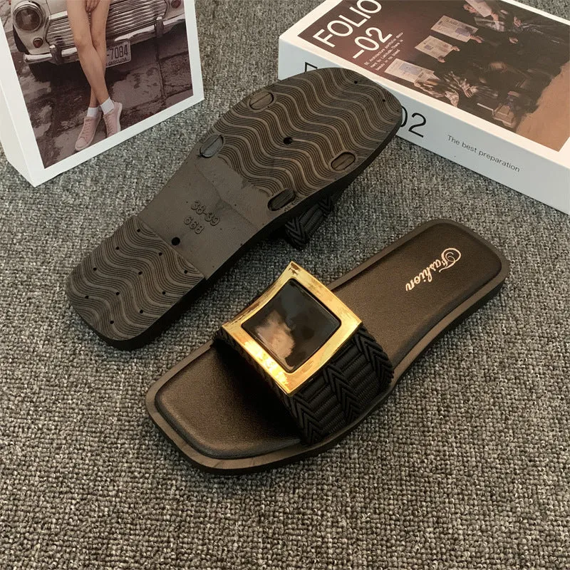 Women's casual flat summer slippers with PVC soles in apricot, black and khaki colour options