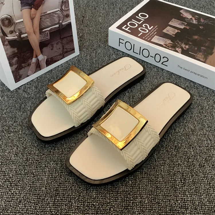 Women's casual flat summer slippers with PVC soles in apricot, black and khaki colour options