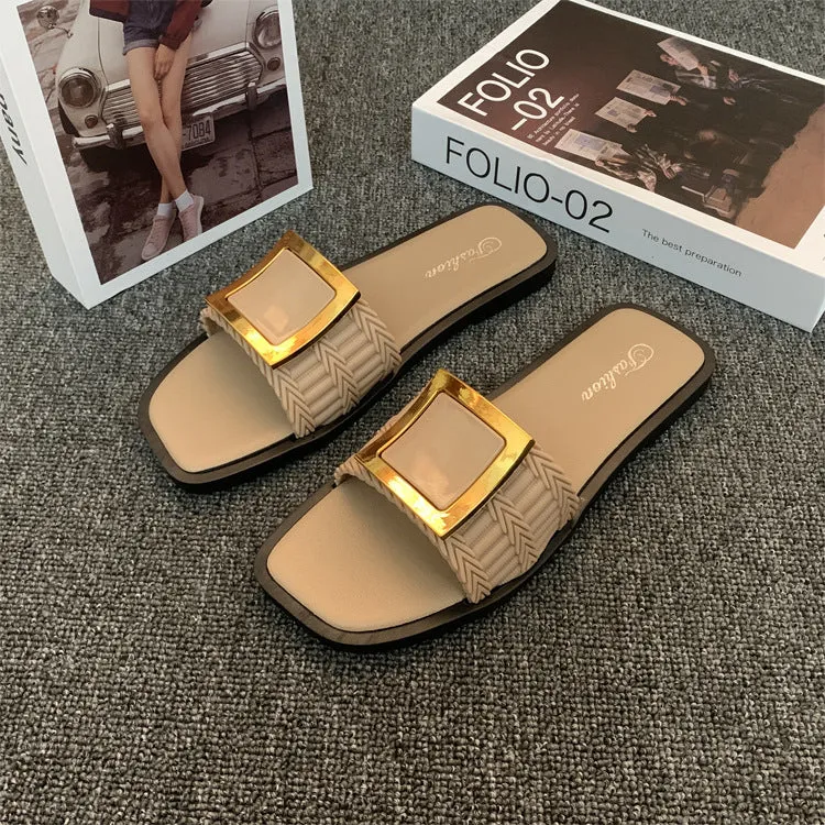Women's casual flat summer slippers with PVC soles in apricot, black and khaki colour options