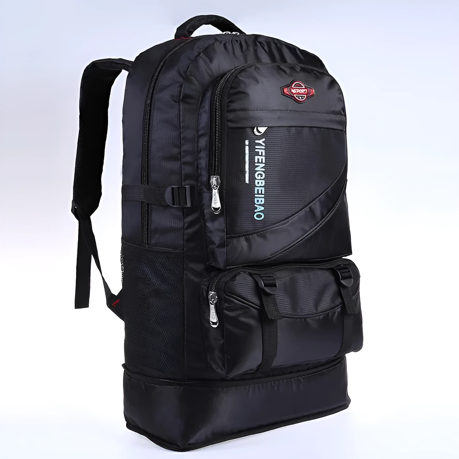 Men's simple outdoor sports backpack in black, 56-75L nylon, breathable and waterproof, with folding design