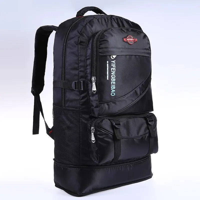 Men's simple outdoor sports backpack in black, 56-75L nylon, breathable and waterproof, with folding design