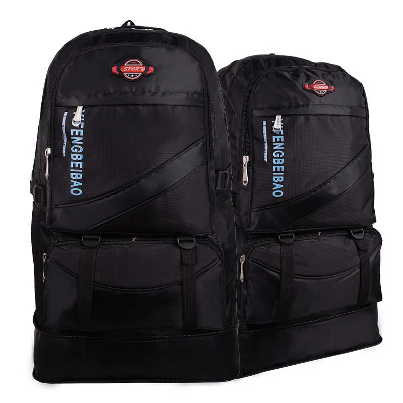 Men's simple outdoor sports backpack in black, 56-75L nylon, breathable and waterproof, with folding design