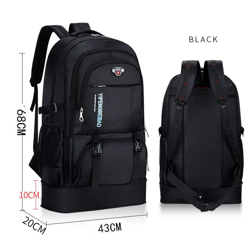 Men's simple outdoor sports backpack in black, 56-75L nylon, breathable and waterproof, with folding design