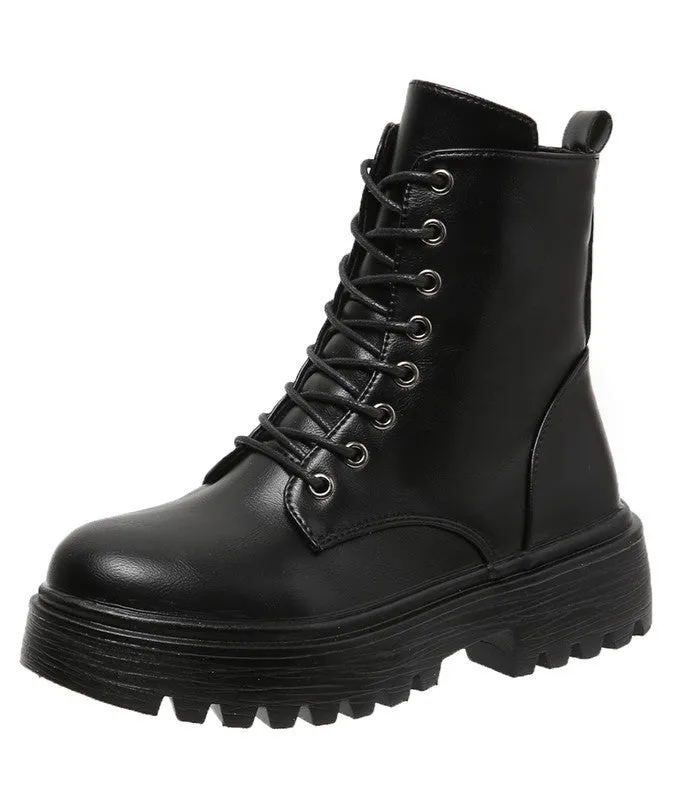 Women's platform lace-up boots in khaki with chunky heel, round toe, and mid-calf shaft